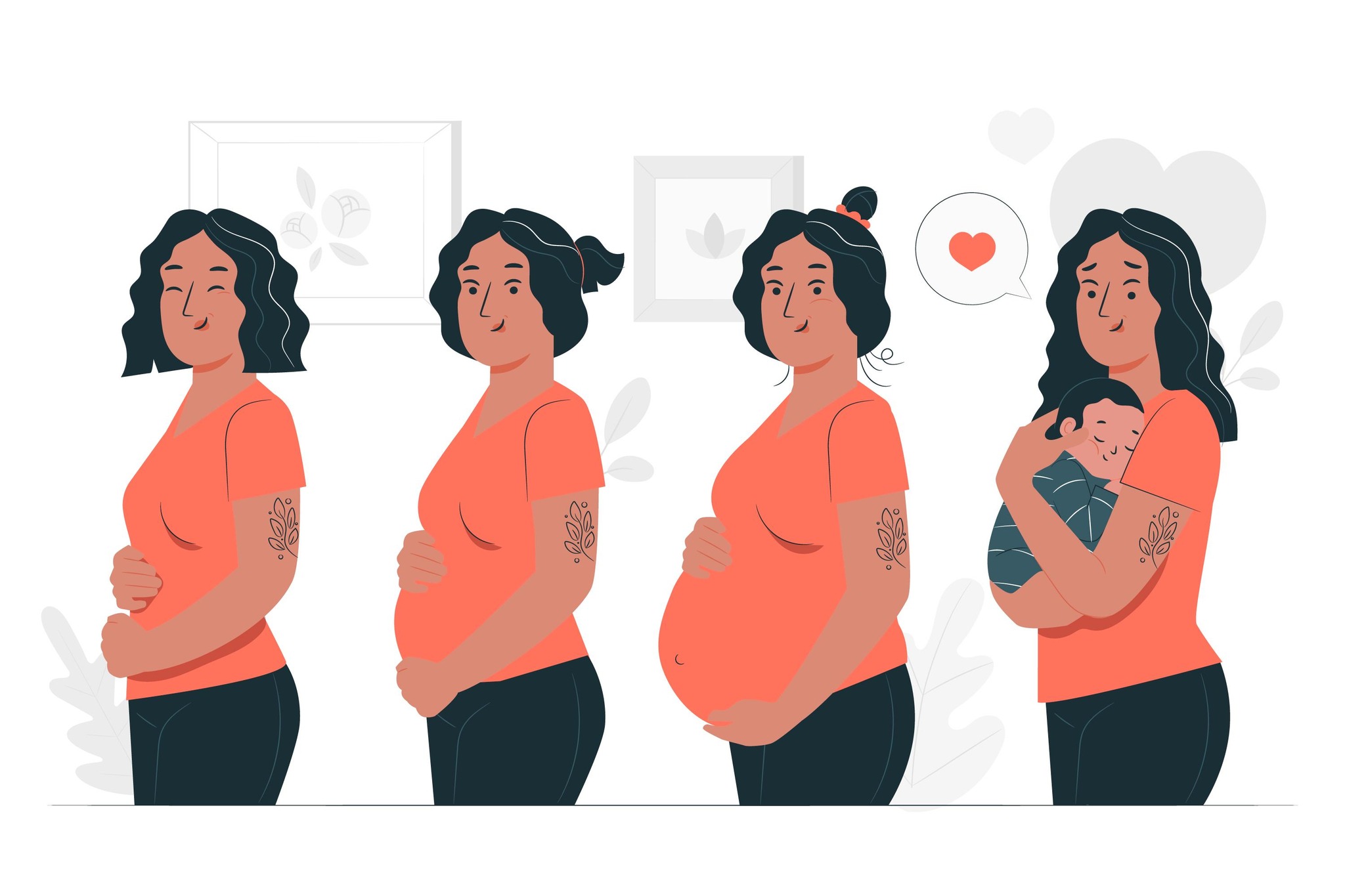 Ilustração mostrando o desenvolvimento fetal em diferentes trimestres da gravidez.